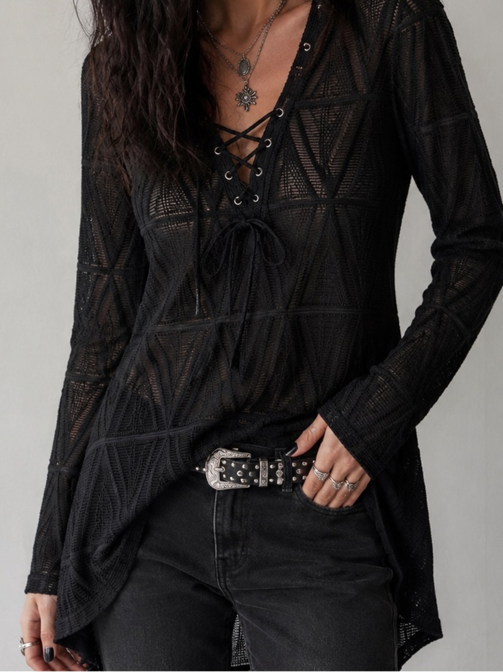 Roper Black Lace Up Mesh Tunic Goth Witchy Dark Boho Top M